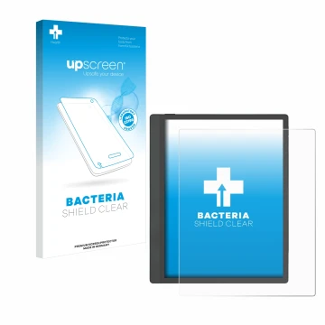 Parte frontale di una confezione del prodotto con il logo del marchio upscreen. Accanto è raffigurato il dispositivo Boox Tab 