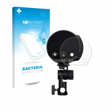 Parte frontale di una confezione del prodotto con il logo del marchio upscreen. Accanto è raffigurato il dispositivo Profoto B