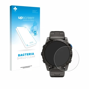 Parte frontale di una confezione del prodotto con il logo del marchio upscreen. Accanto è raffigurato il dispositivo Garmin D2
