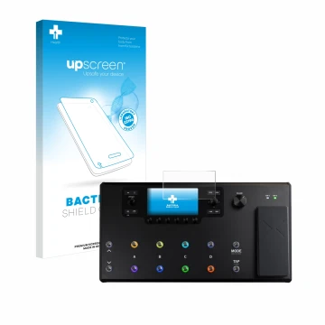 Parte frontale di una confezione del prodotto con il logo del marchio upscreen. Accanto è raffigurato il dispositivo Line 6 He
