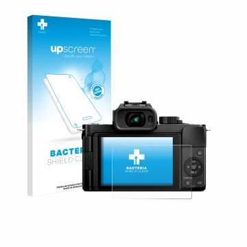 Parte frontale di una confezione del prodotto con il logo del marchio upscreen. Accanto è raffigurato il dispositivo Panasonic