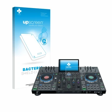 Parte frontale di una confezione del prodotto con il logo del marchio upscreen. Accanto è raffigurato il dispositivo Denon DJ 