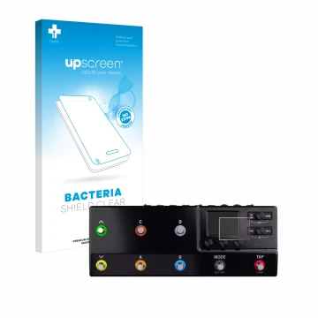 Parte frontale di una confezione del prodotto con il logo del marchio upscreen. Accanto è raffigurato il dispositivo Line 6 hx