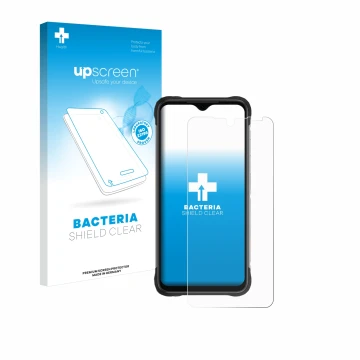 Parte frontale di una confezione del prodotto con il logo del marchio upscreen. Accanto è raffigurato il dispositivo Umidigi B