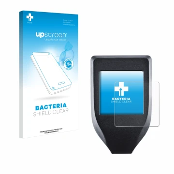 Parte frontale di una confezione del prodotto con il logo del marchio upscreen. Accanto è raffigurato il dispositivo Trezor Mo