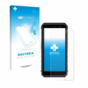 Parte frontale di una confezione del prodotto con il logo del marchio upscreen. Accanto è raffigurato il dispositivo Ulefone P