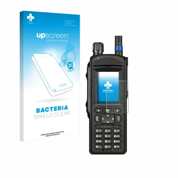 Parte frontale di una confezione del prodotto con il logo del marchio upscreen. Accanto è raffigurato il dispositivo Motorola 