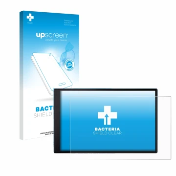 Parte frontale di una confezione del prodotto con il logo del marchio upscreen. Accanto è raffigurato il dispositivo Garmin Dr