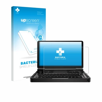 Parte frontale di una confezione del prodotto con il logo del marchio upscreen. Accanto è raffigurato il dispositivo GPD Win M