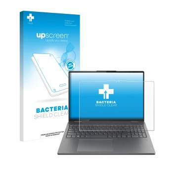 Parte frontale di una confezione del prodotto con il logo del marchio upscreen. Accanto è raffigurato il dispositivo Lenovo Yo