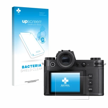 Parte frontale di una confezione del prodotto con il logo del marchio upscreen. Accanto è raffigurato il dispositivo Leica SL3