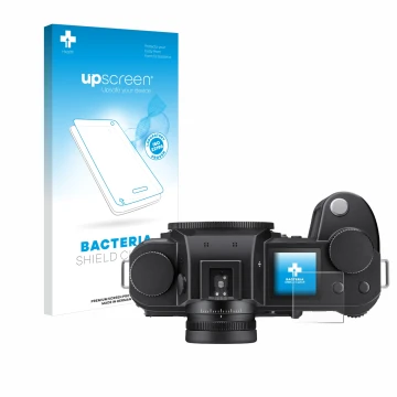 Parte frontale di una confezione del prodotto con il logo del marchio upscreen. Accanto è raffigurato il dispositivo Leica SL3