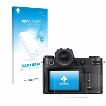 Parte frontale di una confezione del prodotto con il logo del marchio upscreen. Accanto è raffigurato il dispositivo Leica SL3