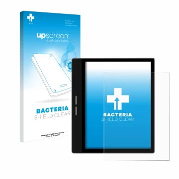 Parte frontale di una confezione del prodotto con il logo del marchio upscreen. Accanto è raffigurato il dispositivo Bigme B75