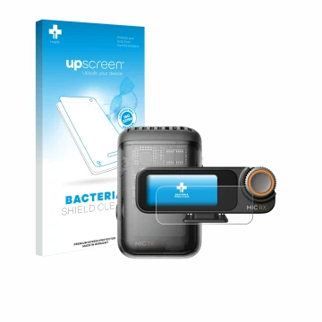 Parte frontale di una confezione del prodotto con il logo del marchio upscreen. Accanto è raffigurato il dispositivo DJI Mic 2