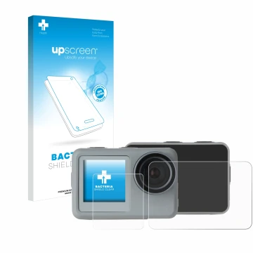 Parte frontale di una confezione del prodotto con il logo del marchio upscreen. Accanto è raffigurato il dispositivo Rollei Ac