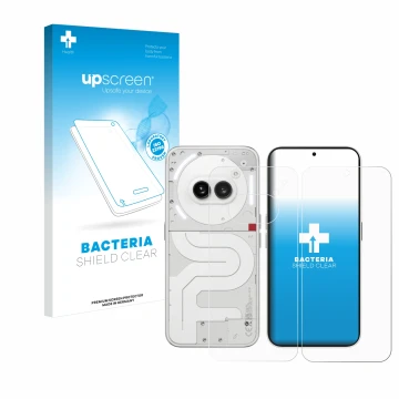 Parte frontale di una confezione del prodotto con il logo del marchio upscreen. Accanto è raffigurato il dispositivo Nothing P