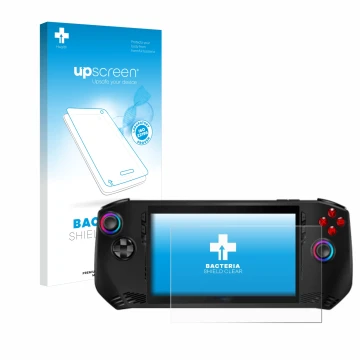 Parte frontale di una confezione del prodotto con il logo del marchio upscreen. Accanto è raffigurato il dispositivo MSI Claw 