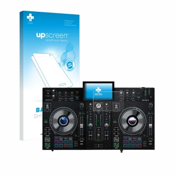 Parte frontale di una confezione del prodotto con il logo del marchio upscreen. Accanto è raffigurato il dispositivo Denon DJ 