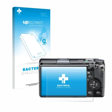 Parte frontale di una confezione del prodotto con il logo del marchio upscreen. Accanto è raffigurato il dispositivo Ricoh GR 
