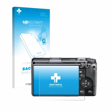 Parte frontale di una confezione del prodotto con il logo del marchio upscreen. Accanto è raffigurato il dispositivo Ricoh GR 