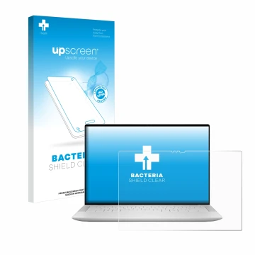 Parte frontale di una confezione del prodotto con il logo del marchio upscreen. Accanto è raffigurato il dispositivo Dell XPS 