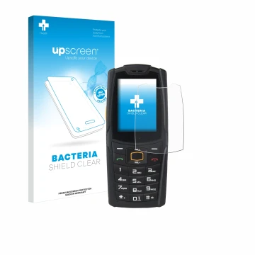 Parte frontale di una confezione del prodotto con il logo del marchio upscreen. Accanto è raffigurato il dispositivo AGM M6 co