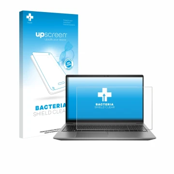 Parte frontale di una confezione del prodotto con il logo del marchio upscreen. Accanto è raffigurato il dispositivo HP Zbook 