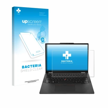Parte frontale di una confezione del prodotto con il logo del marchio upscreen. Accanto è raffigurato il dispositivo Lenovo Th