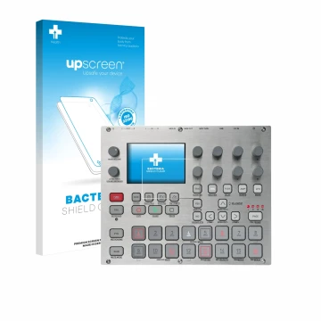 Parte frontale di una confezione del prodotto con il logo del marchio upscreen. Accanto è raffigurato il dispositivo Elektron 