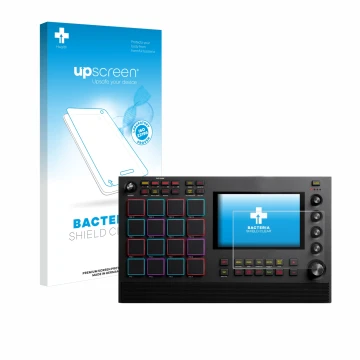 Parte frontale di una confezione del prodotto con il logo del marchio upscreen. Accanto è raffigurato il dispositivo Akai MPC 