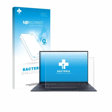 Parte frontale di una confezione del prodotto con il logo del marchio upscreen. Accanto è raffigurato il dispositivo ASUS Expe