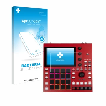 Parte frontale di una confezione del prodotto con il logo del marchio upscreen. Accanto è raffigurato il dispositivo Akai MPC 