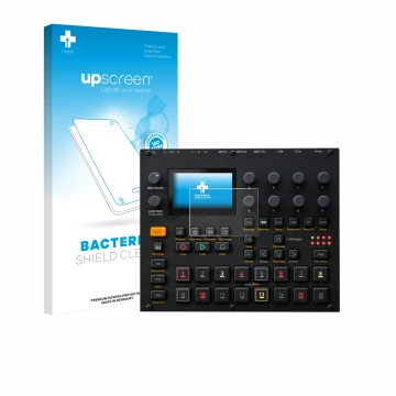 Parte frontale di una confezione del prodotto con il logo del marchio upscreen. Accanto è raffigurato il dispositivo Elektron 
