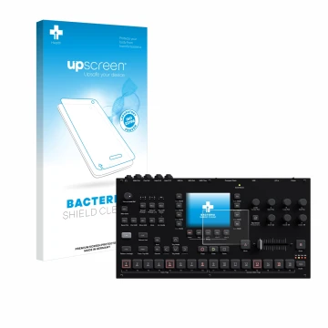 Parte frontale di una confezione del prodotto con il logo del marchio upscreen. Accanto è raffigurato il dispositivo Elektron 
