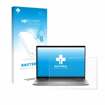Parte frontale di una confezione del prodotto con il logo del marchio upscreen. Accanto è raffigurato il dispositivo Dell Lati
