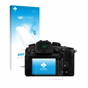 Parte frontale di una confezione del prodotto con il logo del marchio upscreen. Accanto è raffigurato il dispositivo Panasonic
