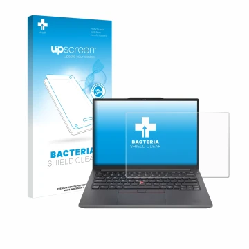 Parte frontale di una confezione del prodotto con il logo del marchio upscreen. Accanto è raffigurato il dispositivo Lenovo Th