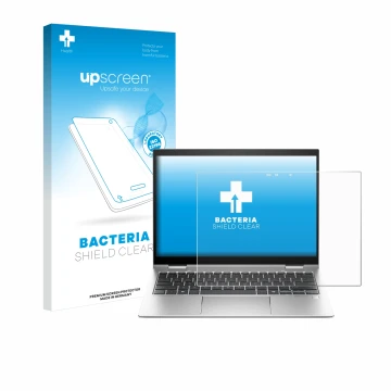 Parte frontale di una confezione del prodotto con il logo del marchio upscreen. Accanto è raffigurato il dispositivo HP Elite 