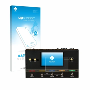 Parte frontale di una confezione del prodotto con il logo del marchio upscreen. Accanto è raffigurato il dispositivo Headrush 