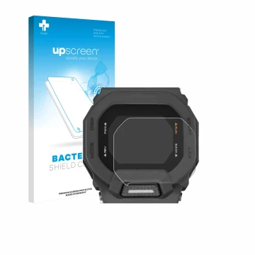 Parte frontale di una confezione del prodotto con il logo del marchio upscreen. Accanto è raffigurato il dispositivo Casio G-S
