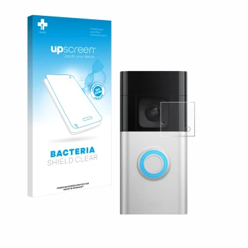 Parte frontale di una confezione del prodotto con il logo del marchio upscreen. Accanto è raffigurato il dispositivo Ring Batt