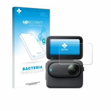 Parte frontale di una confezione del prodotto con il logo del marchio upscreen. Accanto è raffigurato il dispositivo Insta360 