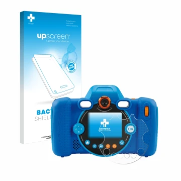 Parte frontale di una confezione del prodotto con il logo del marchio upscreen. Accanto è raffigurato il dispositivo Vtech Kid