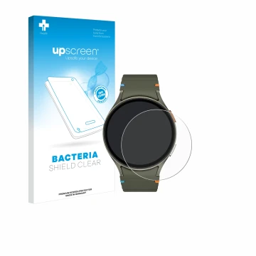 Parte frontale di una confezione del prodotto con il logo del marchio upscreen. Accanto è raffigurato il dispositivo Samsung G