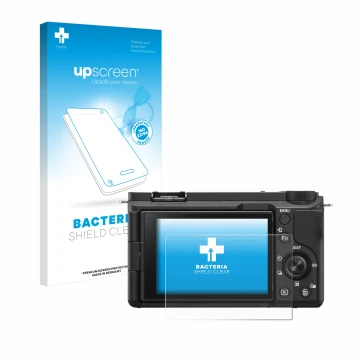 Parte frontale di una confezione del prodotto con il logo del marchio upscreen. Accanto è raffigurato il dispositivo Sony Alph