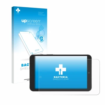 Parte frontale di una confezione del prodotto con il logo del marchio upscreen. Accanto è raffigurato il dispositivo Mediacom 