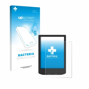 Parte frontale di una confezione del prodotto con il logo del marchio upscreen. Accanto è raffigurato il dispositivo Vivlio Li