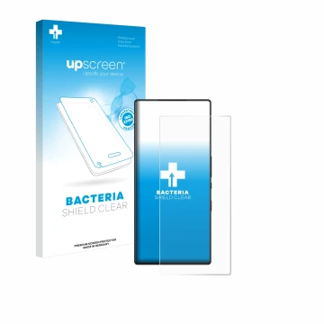 Parte frontale di una confezione del prodotto con il logo del marchio upscreen. Accanto è raffigurato il dispositivo ZTE Nubia