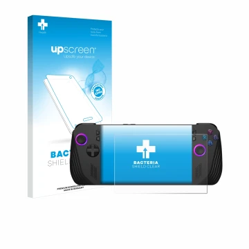 Parte frontale di una confezione del prodotto con il logo del marchio upscreen. Accanto è raffigurato il dispositivo ASUS ROG 